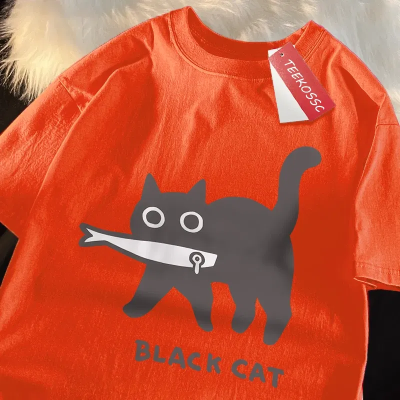 Color: GRAY, Size: L - Fun A Black Cat Eating Fish Japanese Style Men Women T-Shirt Fashion Print T Shirt Breathable Oversize T-Shirts Cotton Clothes