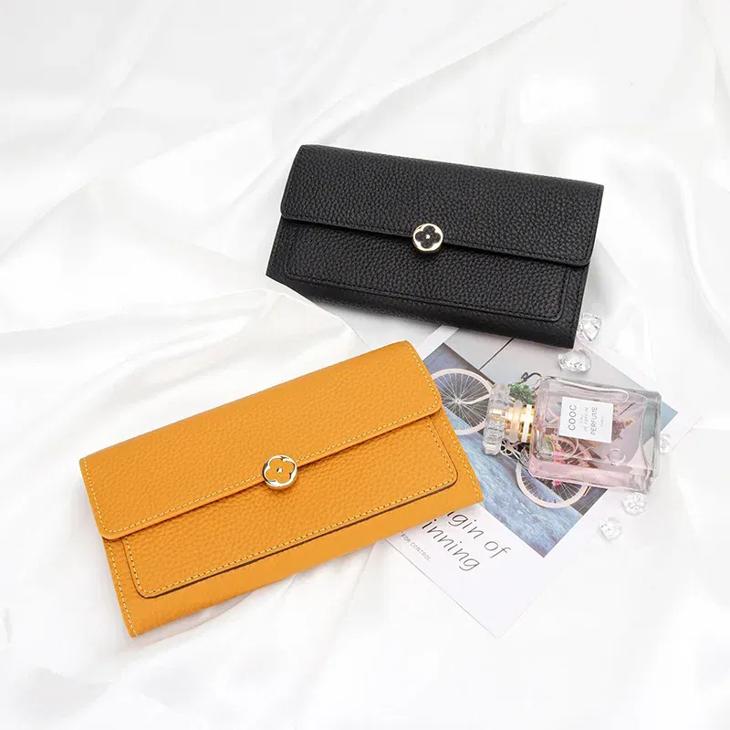 Color: Yellow - Women's Wallet 2025 New Full Leather Long Wallet Cross-border First Layer Cowhide Women's Long Clip Leather Clutch Pouch