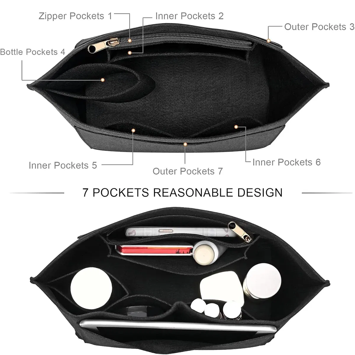 Color: Bronze - Felt Purse Organizer Insert for Longchamp Le Pliage S/ML Handbag Insert