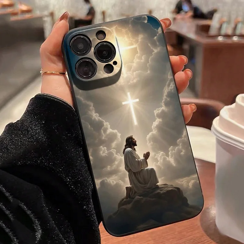 Color: SKY BLUE, Compatible-Phone Models: For iPhone 12 - Jesus Cross Painted Phone Case For iPhone 16 15 14 13 12 11 Pro Max XS X XR 7 8 Plus Mini SE 2020 2022