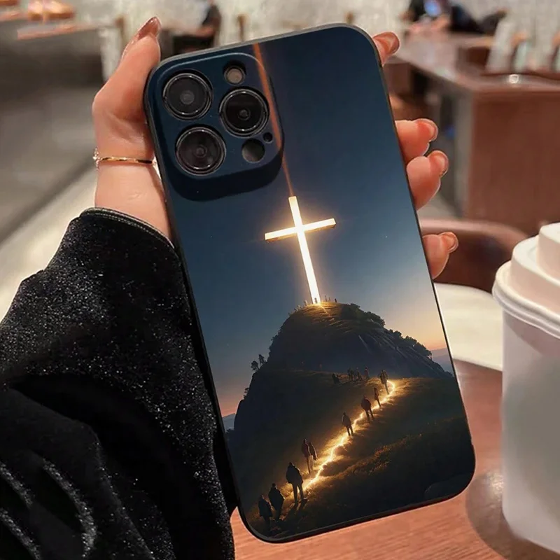Color: SKY BLUE, Compatible-Phone Models: For iPhone 12 - Jesus Cross Painted Phone Case For iPhone 16 15 14 13 12 11 Pro Max XS X XR 7 8 Plus Mini SE 2020 2022