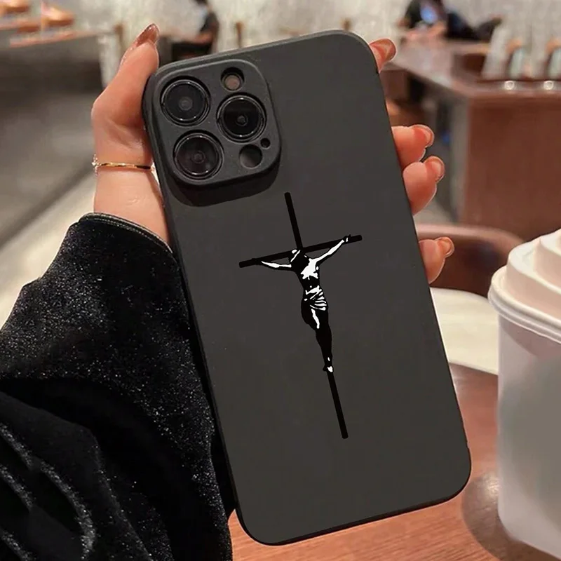 Color: SKY BLUE, Compatible-Phone Models: For iPhone 12 - Jesus Cross Painted Phone Case For iPhone 16 15 14 13 12 11 Pro Max XS X XR 7 8 Plus Mini SE 2020 2022