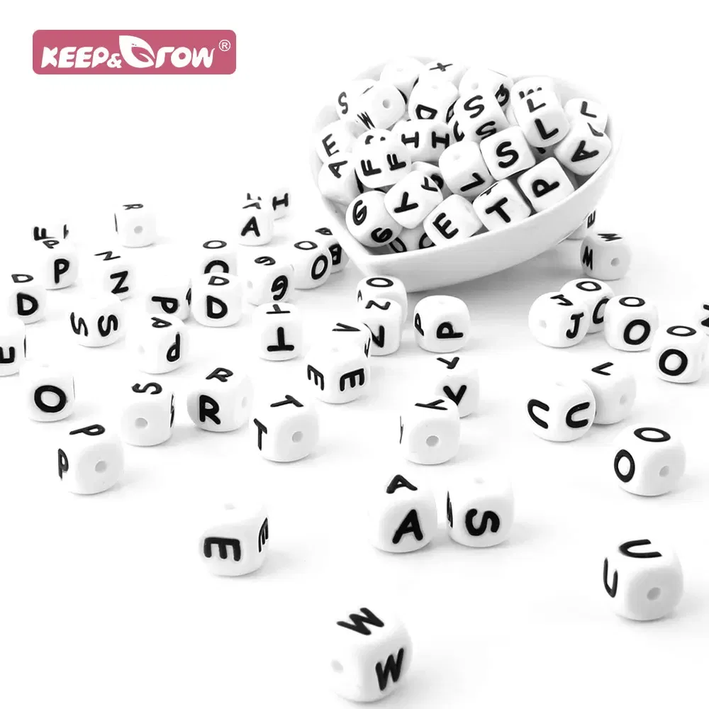 Color: Brown - 100Pcs Baby Teether 12mm Silicone Letters Beads Pacifier Clip Chain Personalized Name Letter Beads Teething Nursing Toy BPA Free