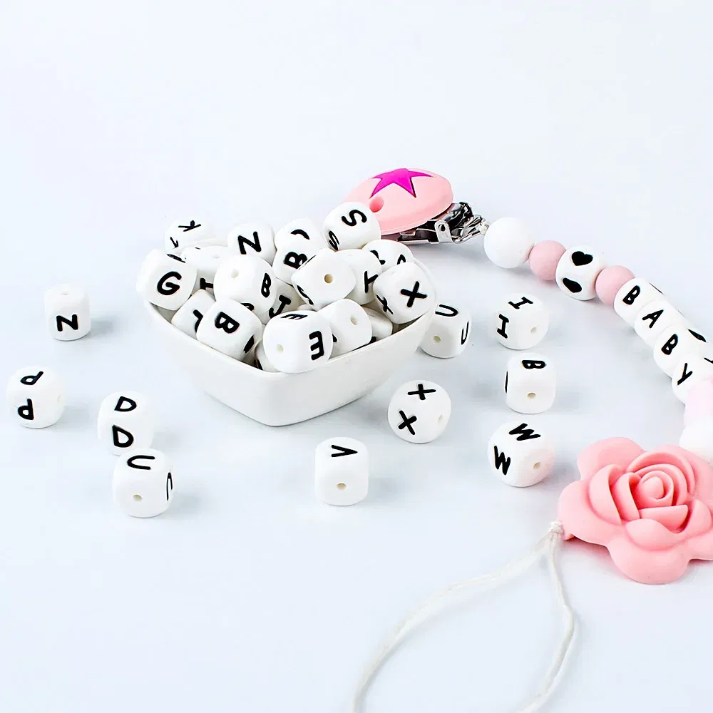 Color: Brown - 100Pcs Baby Teether 12mm Silicone Letters Beads Pacifier Clip Chain Personalized Name Letter Beads Teething Nursing Toy BPA Free