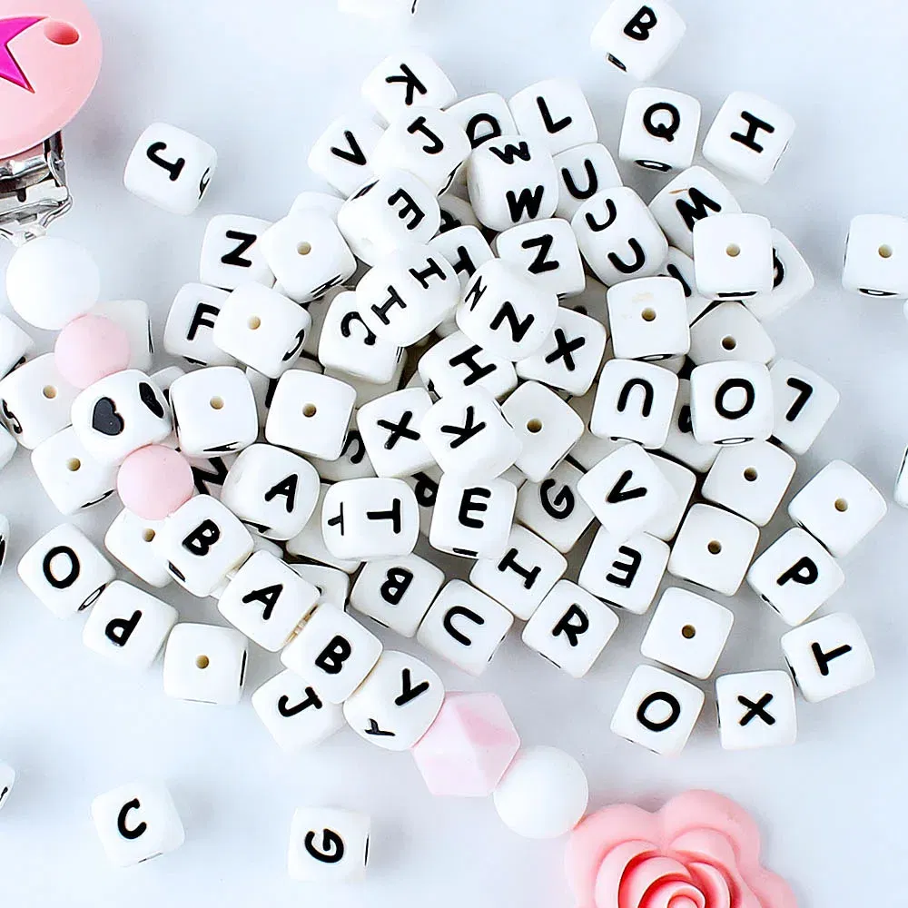 Color: Brown - 100Pcs Baby Teether 12mm Silicone Letters Beads Pacifier Clip Chain Personalized Name Letter Beads Teething Nursing Toy BPA Free
