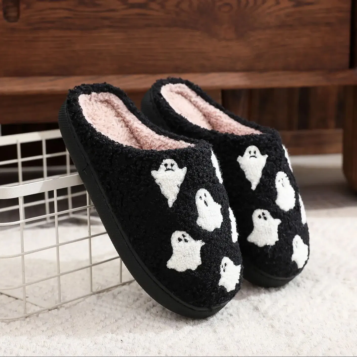 Color: black, Shoe Size: 36 - Halloween Ghost Pattern Black Cotton Slippers Non-slip Thick Sole Lightweight stuffed Slippers Holiday Gift