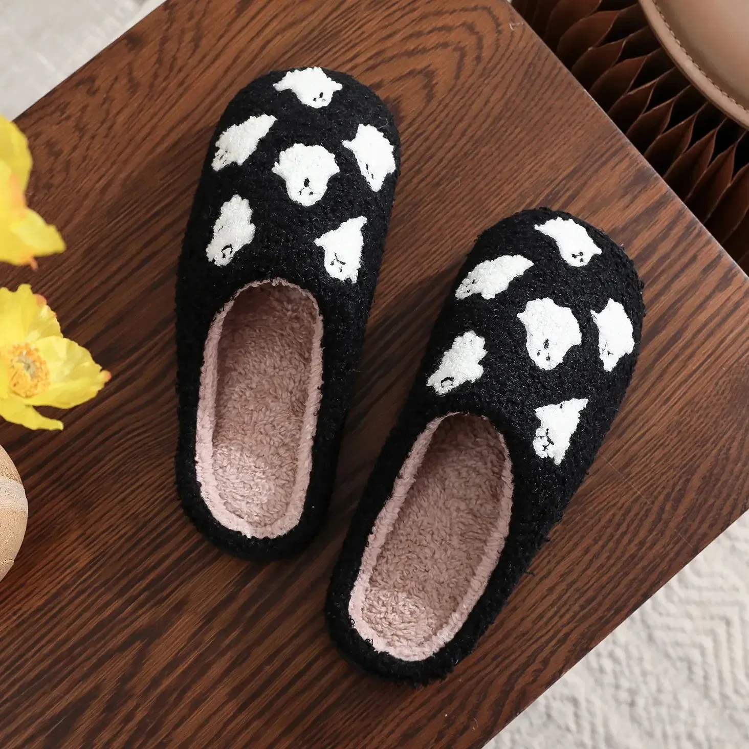 Color: black, Shoe Size: 36 - Halloween Ghost Pattern Black Cotton Slippers Non-slip Thick Sole Lightweight stuffed Slippers Holiday Gift