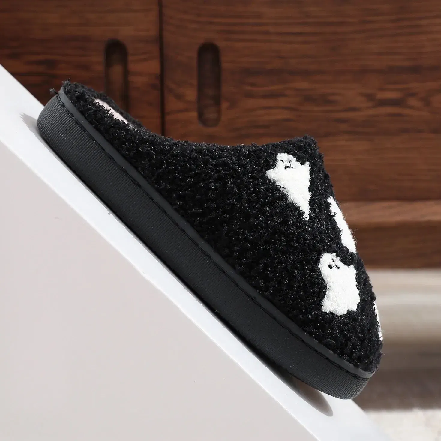 Color: black, Shoe Size: 36 - Halloween Ghost Pattern Black Cotton Slippers Non-slip Thick Sole Lightweight stuffed Slippers Holiday Gift