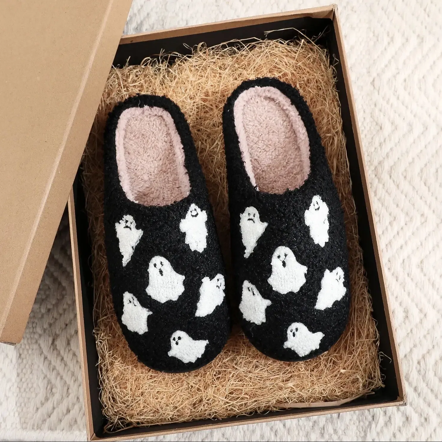 Color: black, Shoe Size: 36 - Halloween Ghost Pattern Black Cotton Slippers Non-slip Thick Sole Lightweight stuffed Slippers Holiday Gift