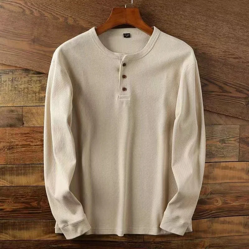 Color: Khaki, Size: XXL, Ships From: CHINA - Slim Fit Mens Basic Tee Casual Tshirts Henley Waffle Long Sleeve Shirts Thermal Solid Half Button Breathable 100% Cotton Shirts