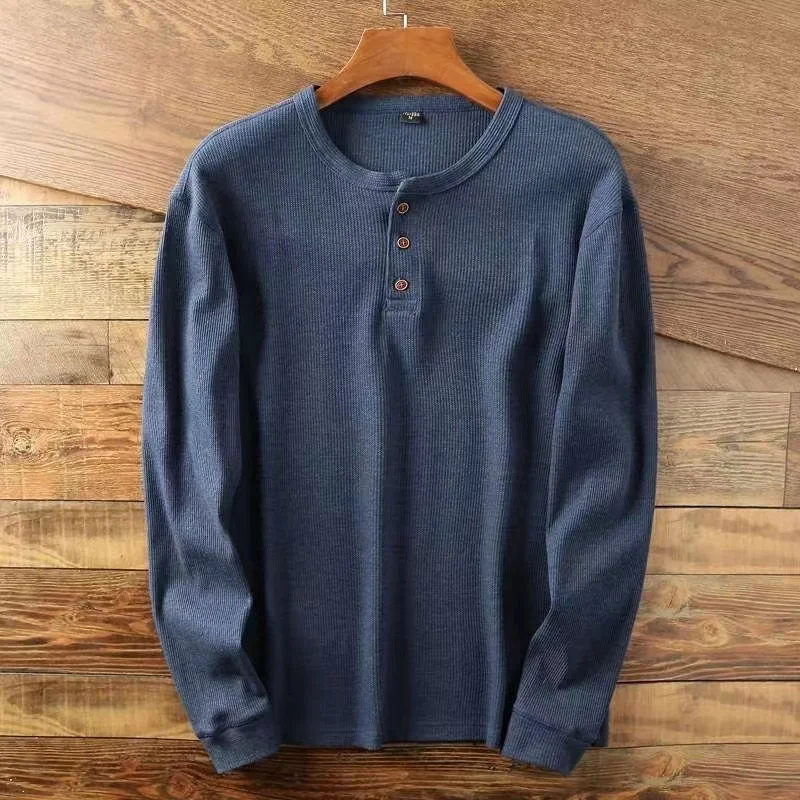 Color: Khaki, Size: XXL, Ships From: CHINA - Slim Fit Mens Basic Tee Casual Tshirts Henley Waffle Long Sleeve Shirts Thermal Solid Half Button Breathable 100% Cotton Shirts