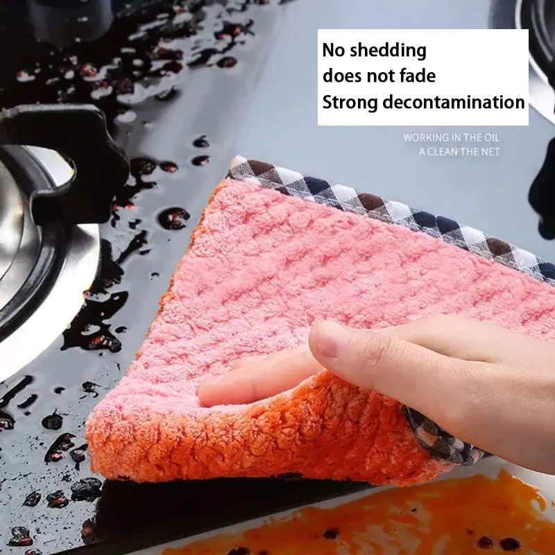 Color: WHITE - Kitchen Daily Dish Towel Cloth Kitchen Rag Non-stick Oil Thickened Table Cleaning Cloth Double-layer Absorbent Microfiber