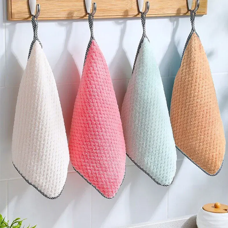 Color: WHITE - Kitchen Daily Dish Towel Cloth Kitchen Rag Non-stick Oil Thickened Table Cleaning Cloth Double-layer Absorbent Microfiber