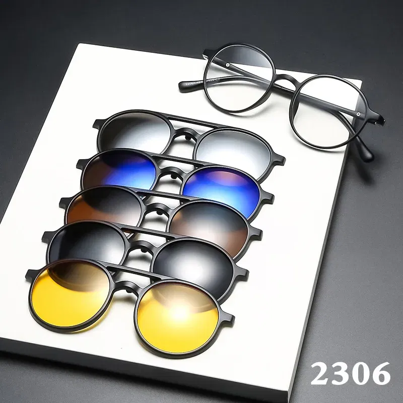 Lenses Color: Clear, Ships From: CHINA, Frame Color: WHITE - 6 In 1 Magnetic Clip Sunglasses And Prescription Glasses Frame Men Women Polarized or Night Vision Lenses PC or TR90 Frame 2333