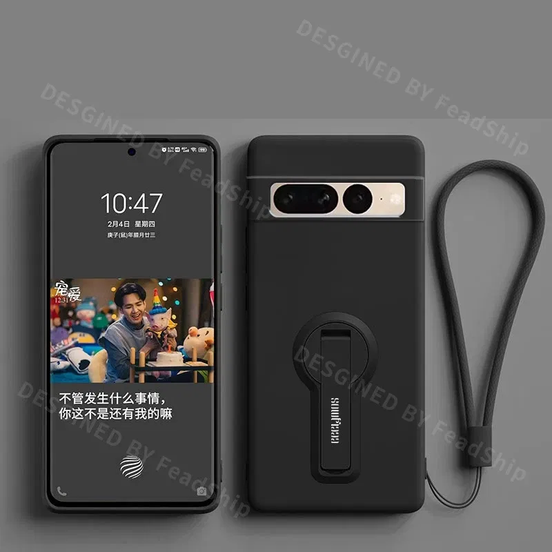 Color: black, Material: Microfiber - Phone Case For Google Pixel 7 8 6 5 9 Pro XL Pixel 7A 6A 5A 8A 9A Soft Cover Silicone Case with Holder Stand Bracket Lanyard