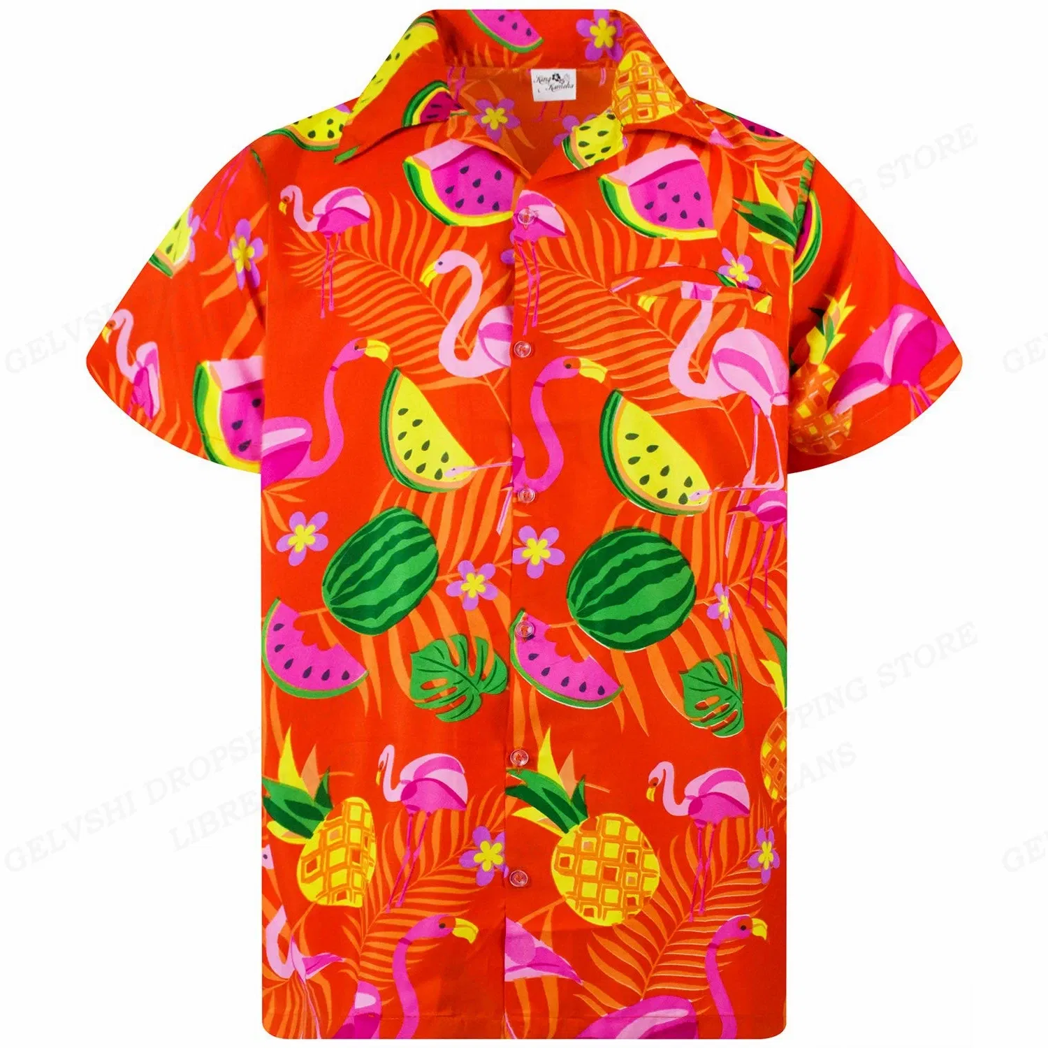 Color: army green, Size: 5XL - Flamingo Hawaiian Shirts Beach Summer Men's Shirt Tropic Leaf 3D Print Shirts Men Women Fashion Blouse Short Sleeve Vocation