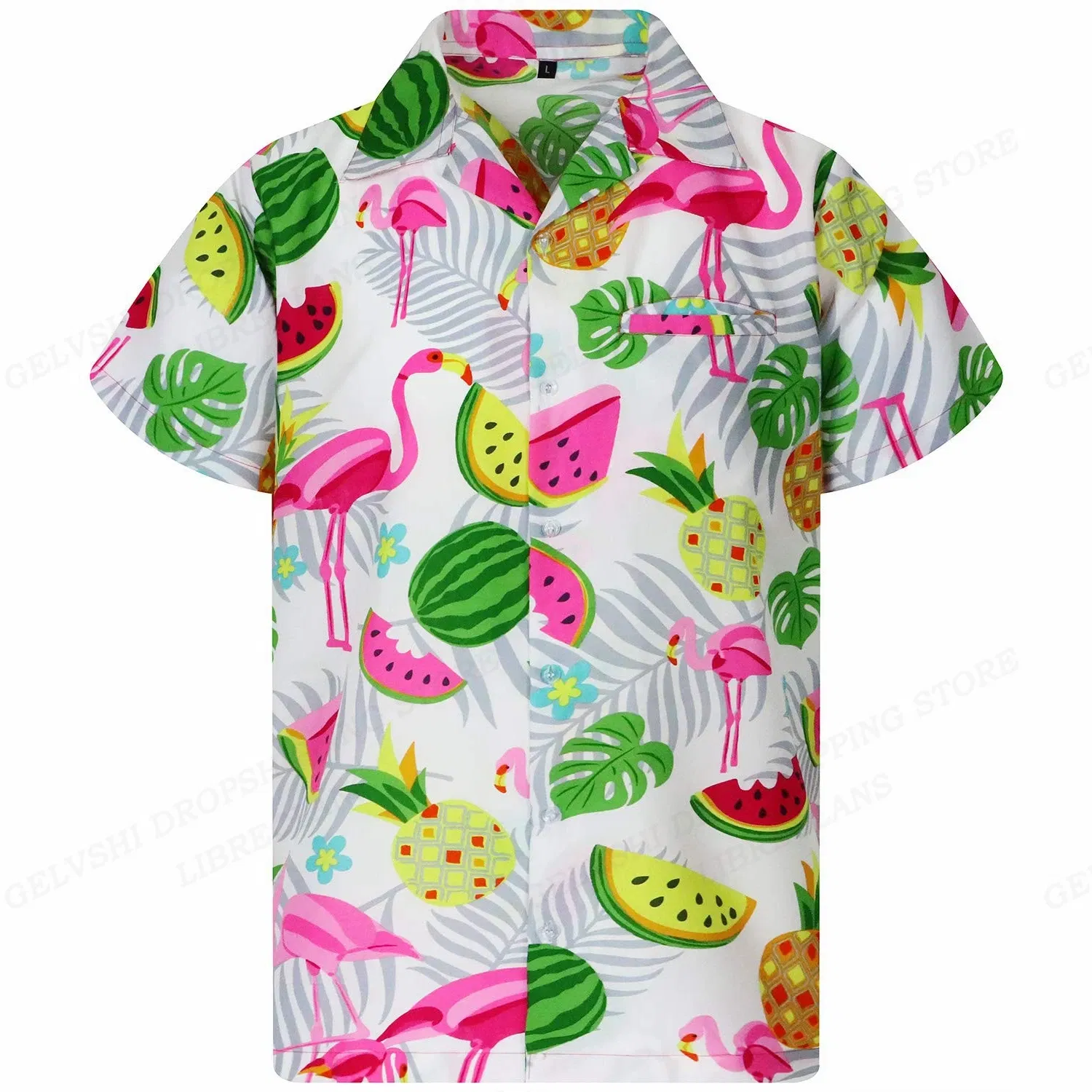 Color: army green, Size: 5XL - Flamingo Hawaiian Shirts Beach Summer Men's Shirt Tropic Leaf 3D Print Shirts Men Women Fashion Blouse Short Sleeve Vocation