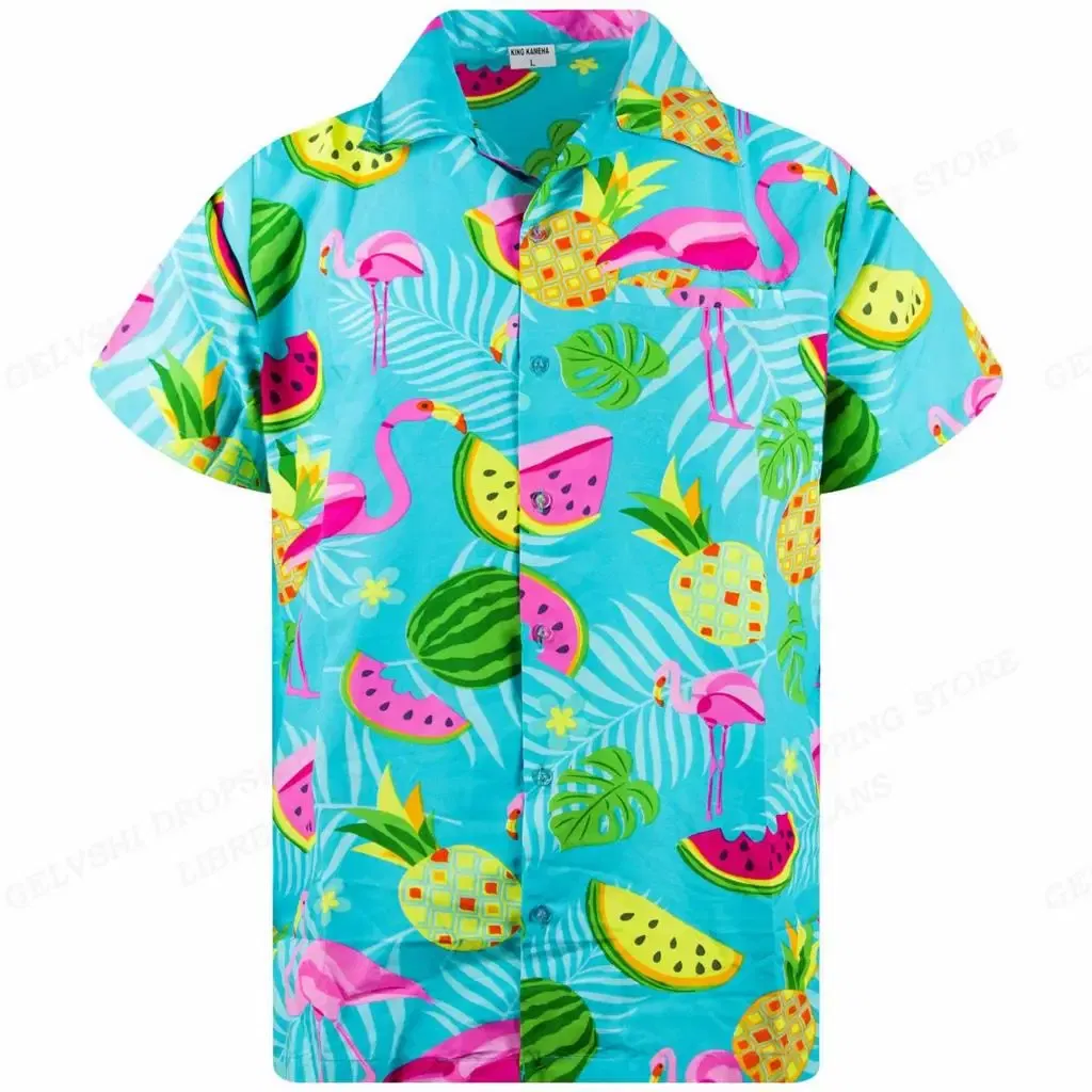Color: army green, Size: 5XL - Flamingo Hawaiian Shirts Beach Summer Men's Shirt Tropic Leaf 3D Print Shirts Men Women Fashion Blouse Short Sleeve Vocation