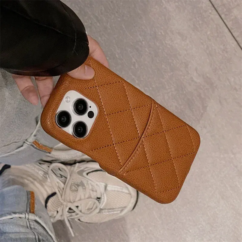 Color: Brown, Material: Denim - Luxury Lattice Pattern Leather Cover for IPhone 16 15 14 13 Pro Max Credit Card Slot Holder Purse Wallet Shockproof Phone Case