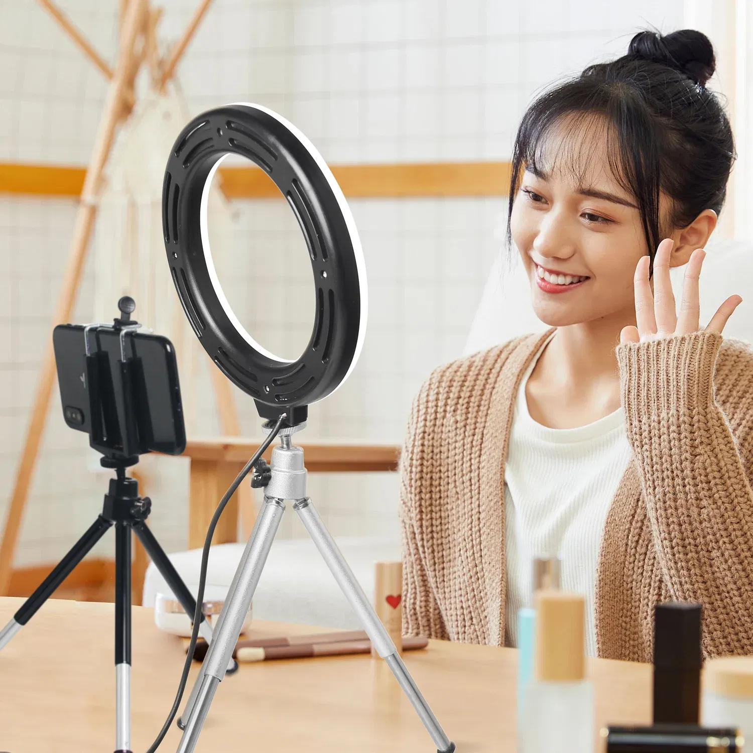 Color: WHITE, Ships From: CHINA - 6inch Mini LED Desktop Video Ring Light Selfie Lamp With Tripod Stand USB Plug Table Lamp For Make TikTok Youtube Makeup Video