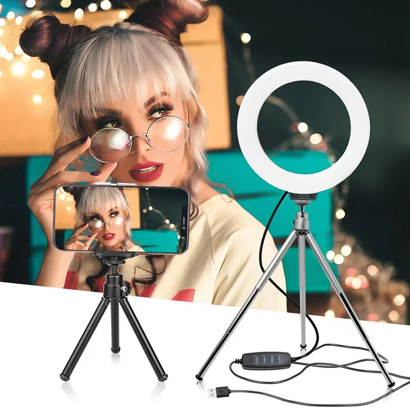 Color: WHITE, Ships From: CHINA - 6inch Mini LED Desktop Video Ring Light Selfie Lamp With Tripod Stand USB Plug Table Lamp For Make TikTok Youtube Makeup Video