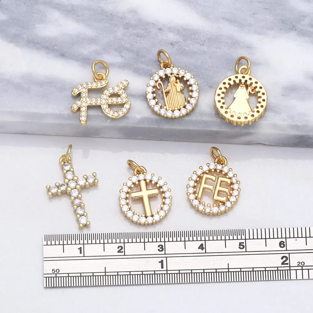 Metal color: Light Yellow Gold Color - OCESRIO Virgin Mary Charms for Necklace Earrings Gold Plated Copper CZ Cross FE Handmade Jewelry Making Supplies DIY chma151