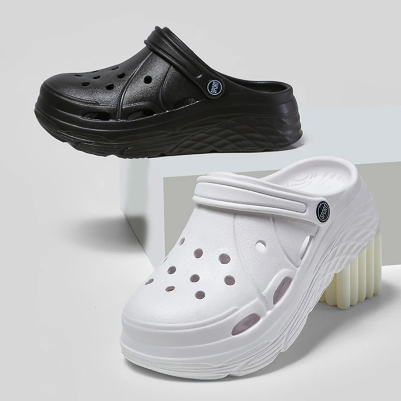 Shoe Size: 36-37, Color: WHITE - 2025 Summer Thick Platform Clogs Slippers Women Breathable Hollow Out Garden Sandals Woman Lightweight Non Slip Beach Sandles