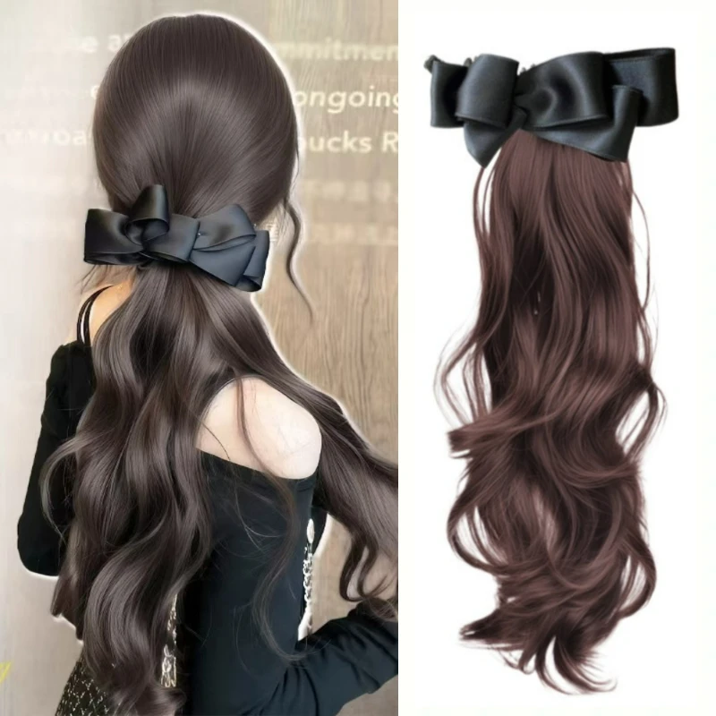 Color: #1, Stretched Length: 18inches - Elegant Synthetic Silk Bowknot Banana Claw Clip Ponytail Wig With Grab Clip Long Wavy Layered Ponytail for Women Daily Use