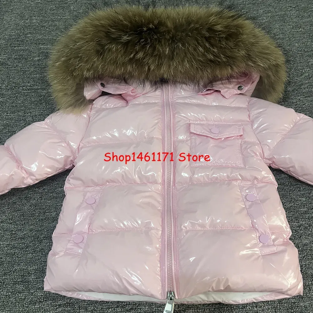 Color: Brown, Kid Size: 4T - Kids Winter Down Jacket Shiny Real Raccoon Fur Collar Toddler Boys Hooded Coat Baby Girls Warm Snowsuit Children's Parkas