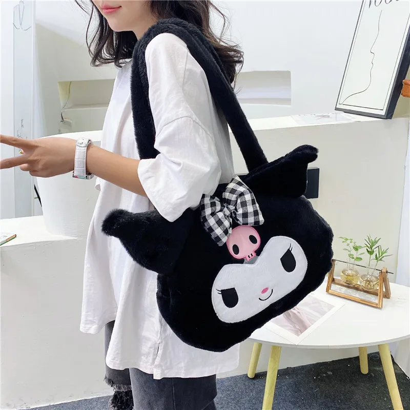 Color: Black - Kawaii Sanrio Plush Cinnamoroll Melody Kuromi Tote Handbags Shoulder Bags Women Fashion Female Messenger Bag Purses Xmas Gifts
