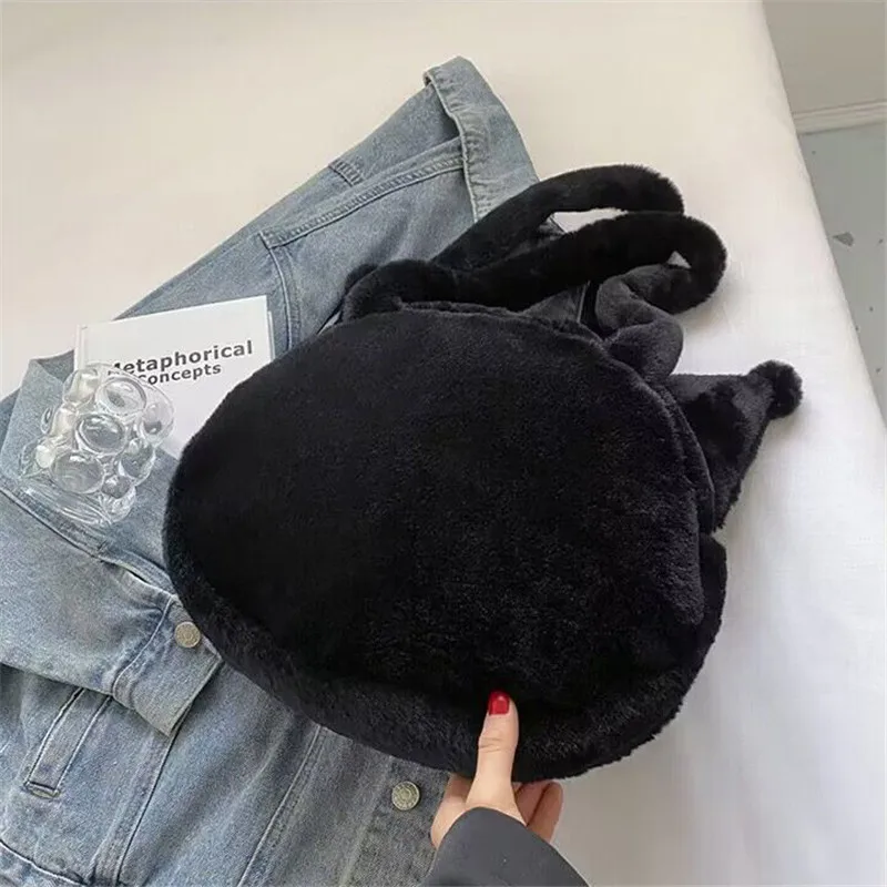 Color: Black - Kawaii Sanrio Plush Cinnamoroll Melody Kuromi Tote Handbags Shoulder Bags Women Fashion Female Messenger Bag Purses Xmas Gifts