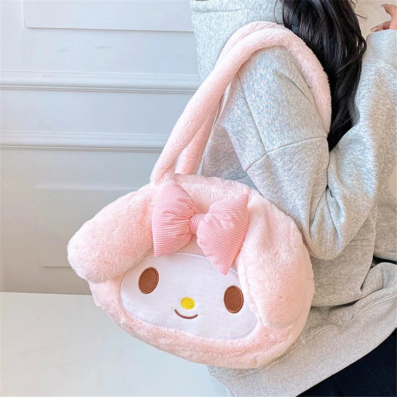 Color: Black - Kawaii Sanrio Plush Cinnamoroll Melody Kuromi Tote Handbags Shoulder Bags Women Fashion Female Messenger Bag Purses Xmas Gifts