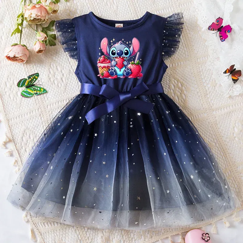 Color: Coffee, Kid Size: 5 - Lilo Stitch Girls Sequin Tutu Dress with Bow Flutter Sleeves Summer Princess Party Outfit for Toddler Kids 2-6 Years