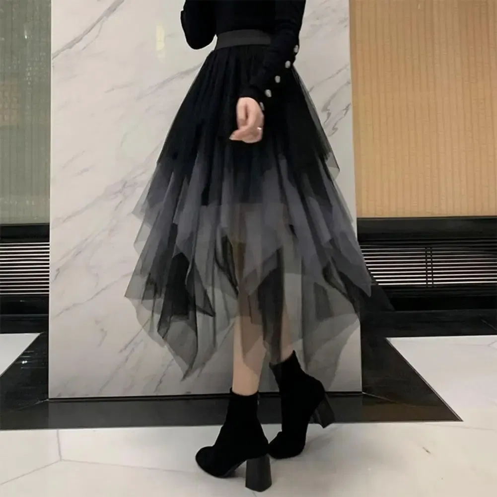 Color: green, Size: M - 2025 Irregular Mesh Women Skirt High Elastic Waist Colorful Mesh Multi-layered Soft Mid-calf Length Pleated Women Midi Skirt