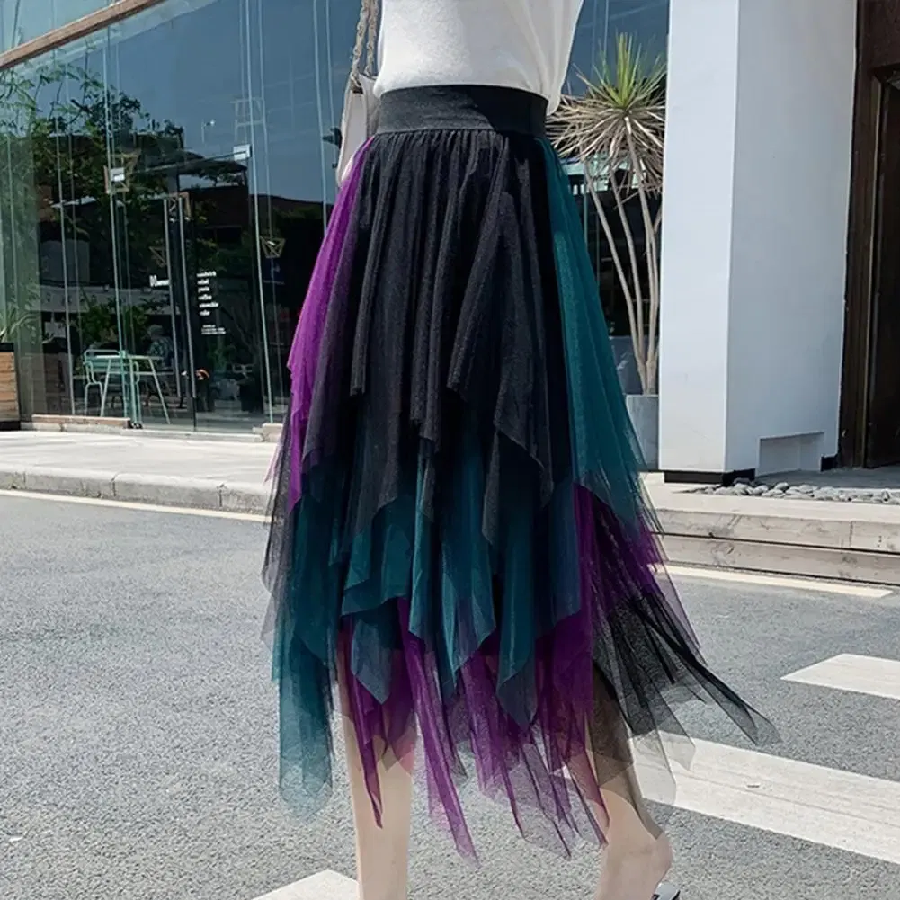 Color: green, Size: M - 2025 Irregular Mesh Women Skirt High Elastic Waist Colorful Mesh Multi-layered Soft Mid-calf Length Pleated Women Midi Skirt