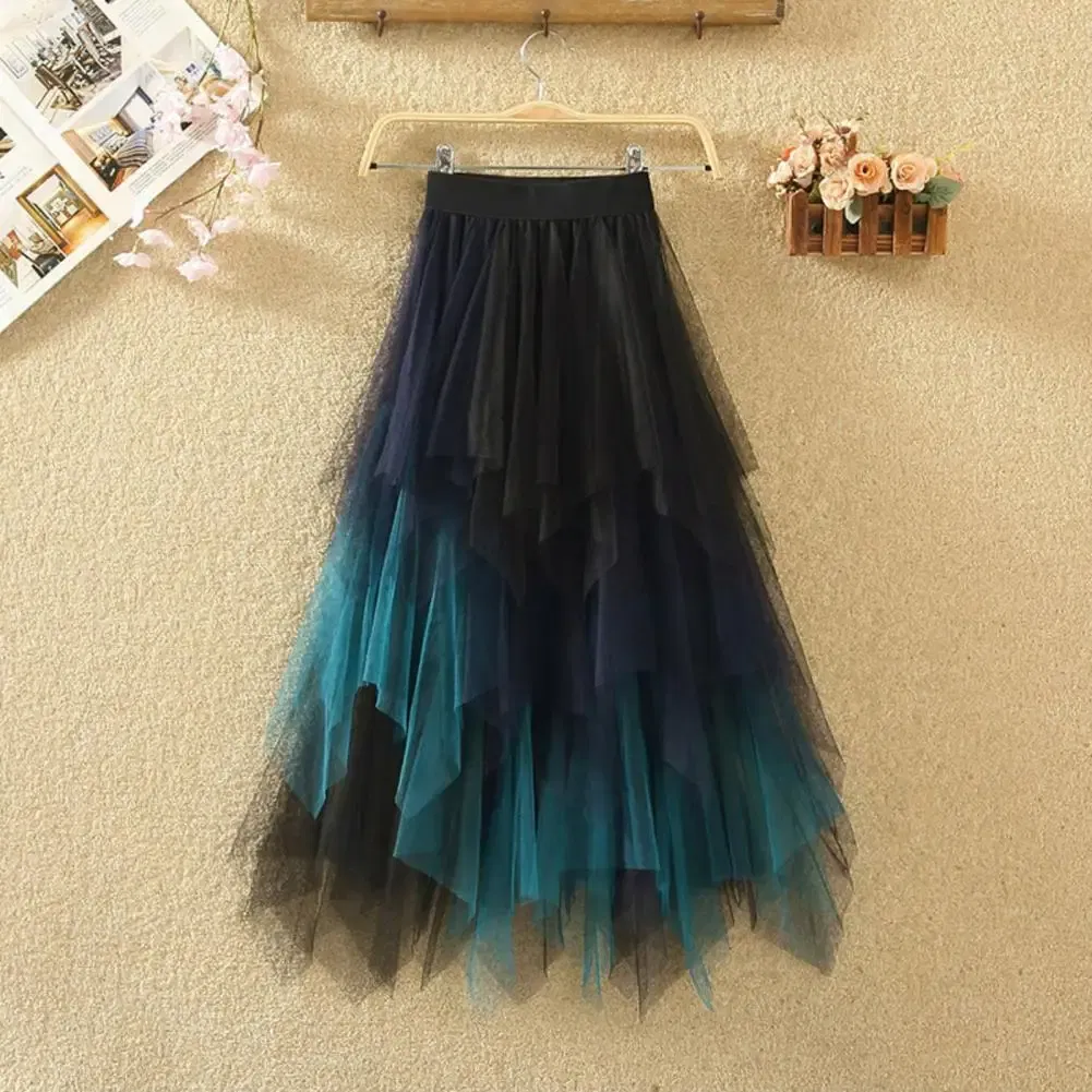 Color: green, Size: M - 2025 Irregular Mesh Women Skirt High Elastic Waist Colorful Mesh Multi-layered Soft Mid-calf Length Pleated Women Midi Skirt