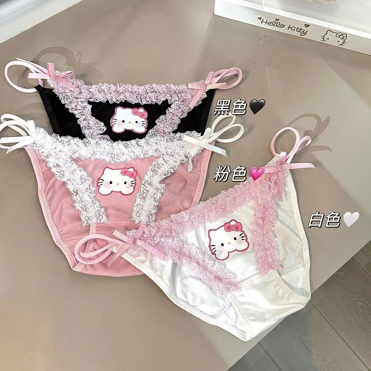 Color: black, Ships From: CHINA, Size: 12" - 1/3Pcs Sanrio Hello Kitty Cartoon Sexy Women's Lace Panties Y2K Creative Sweet Girl Low Waist Hip Lift Panties Birthday Gift