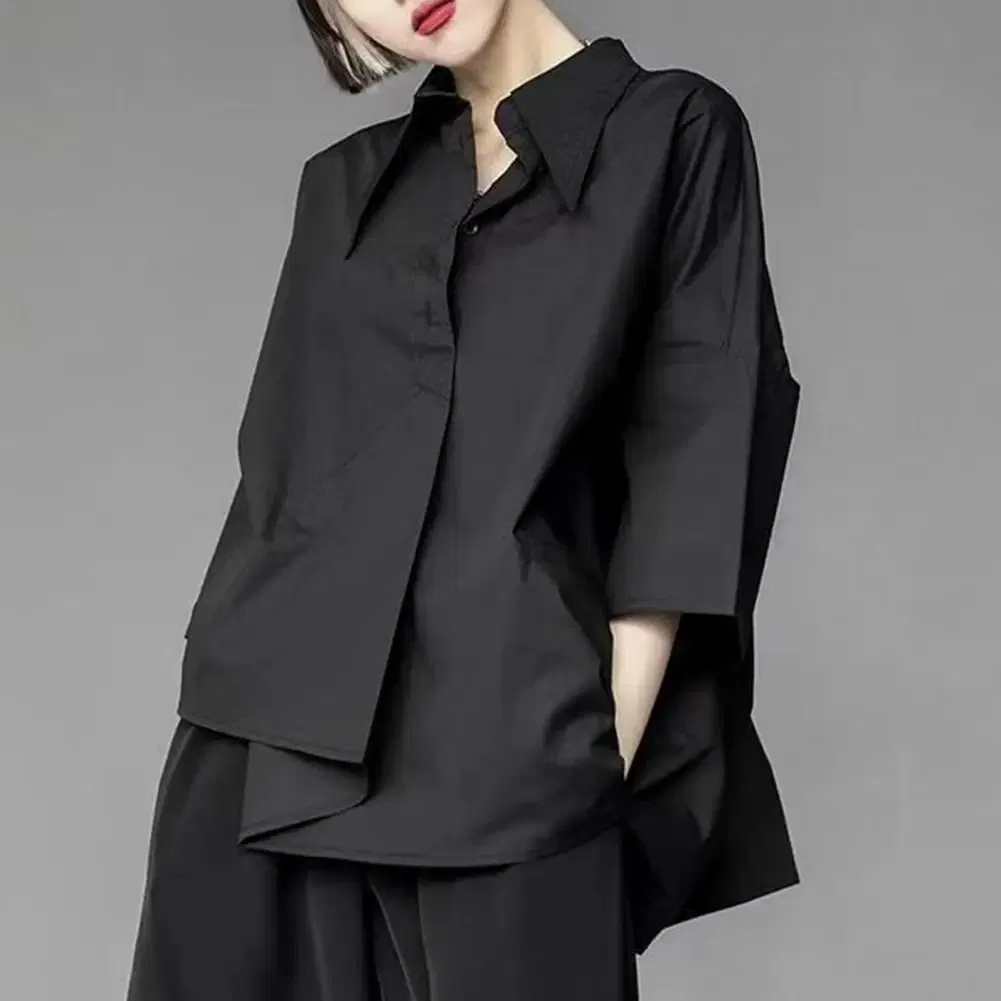 Color: black, Size: XXXL - Men Shirts Irregular Hem Black White Shirts Single Breasted Shorts Sleeves Handsome Blouse Men Women Tops Summer Spring Shirts