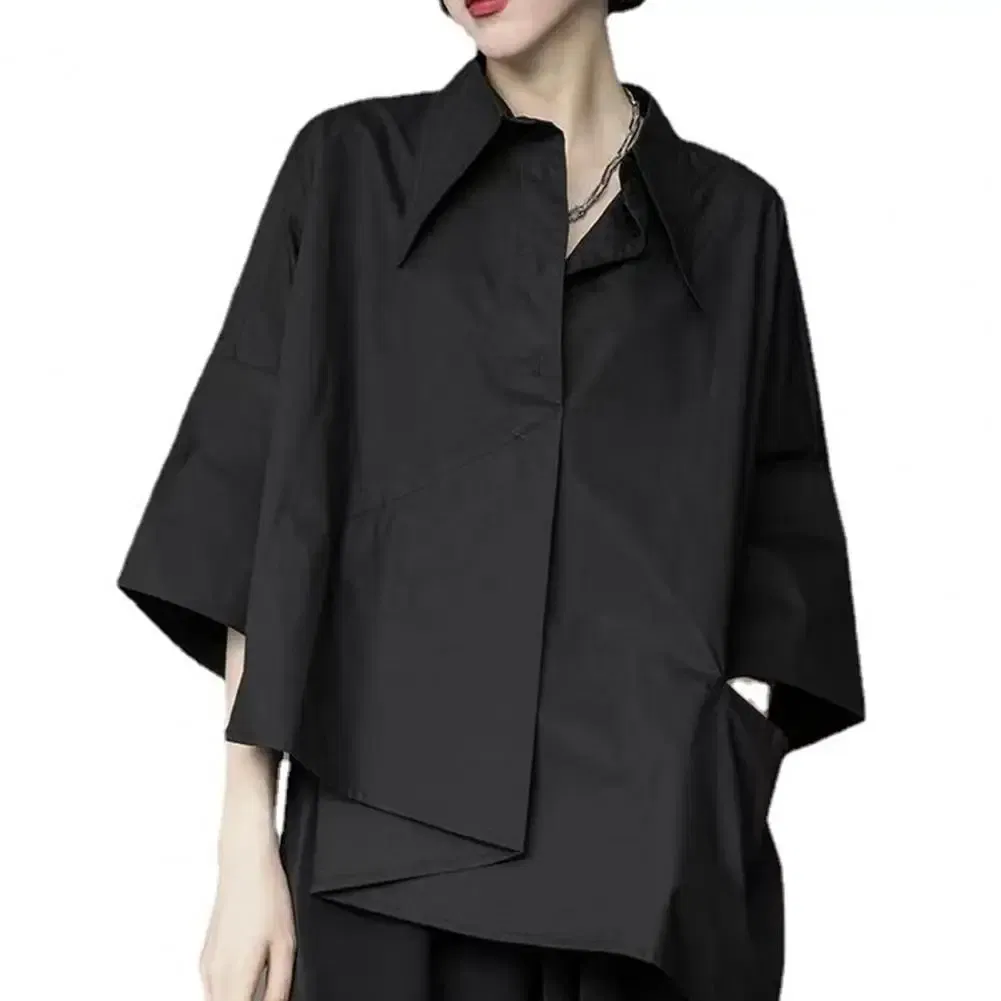 Color: black, Size: XXXL - Men Shirts Irregular Hem Black White Shirts Single Breasted Shorts Sleeves Handsome Blouse Men Women Tops Summer Spring Shirts