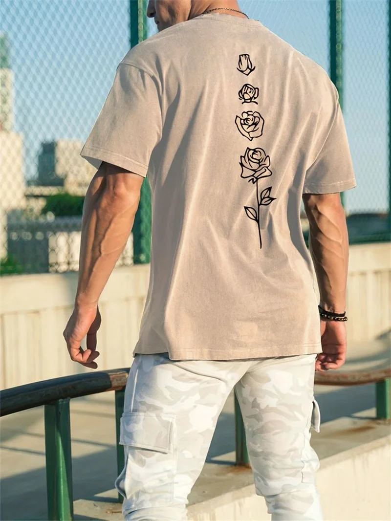 Color: black, Size: S - Men's Summer Loose Fit 100 Cotton Rose pattern Print T-shirt Tops
