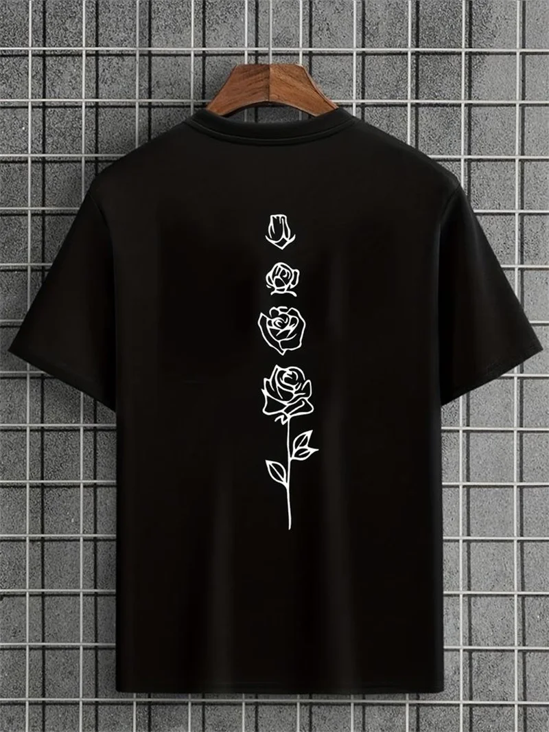 Color: black, Size: S - Men's Summer Loose Fit 100 Cotton Rose pattern Print T-shirt Tops