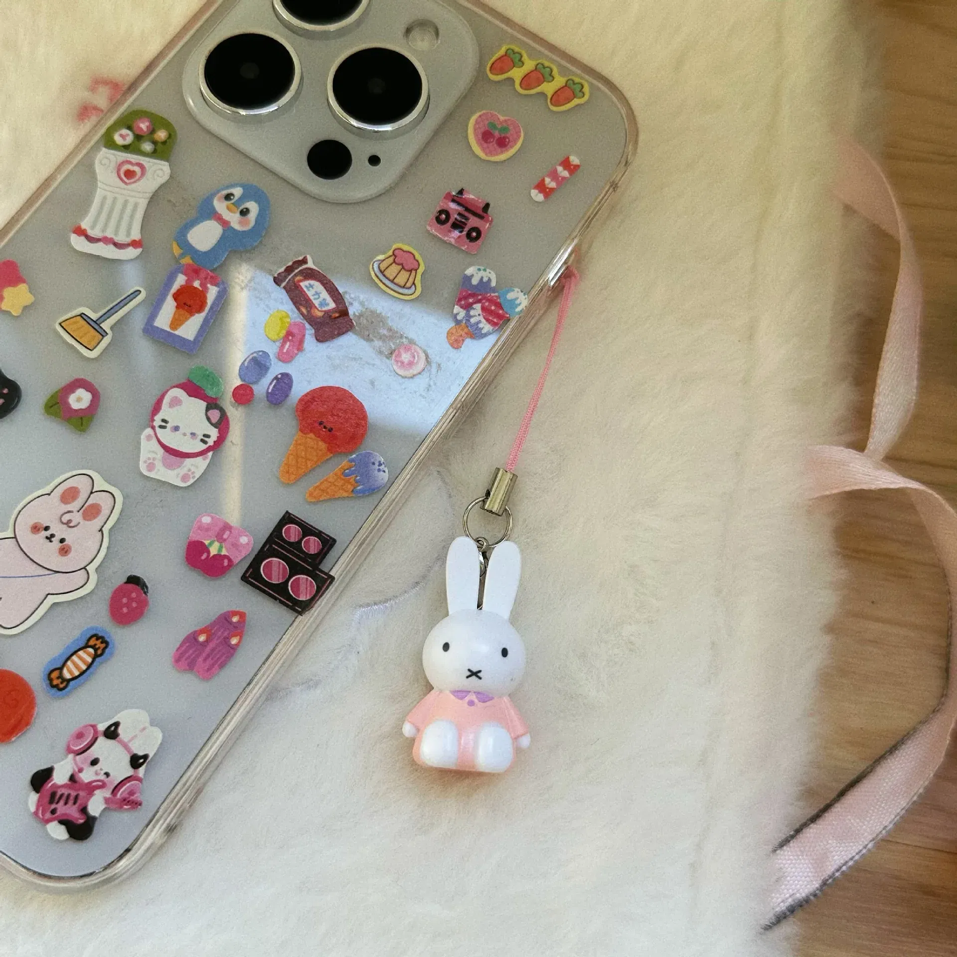 Color: WHITE - Kawaii Miffy Key Chain Cartoon Cute Backpack Pendant Ornaments Mobile Phone Chain Christmas Gift