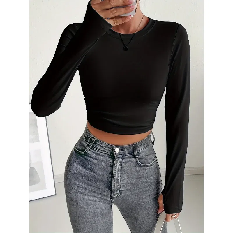 Color: Blue, Size: L - Autumn Winter Women's Long Sleeve T Shirt Slim Fit Tees Crop Tops Shirts Basic Tee Tops Workout Streetwear Y2K Fall Fashion 2025