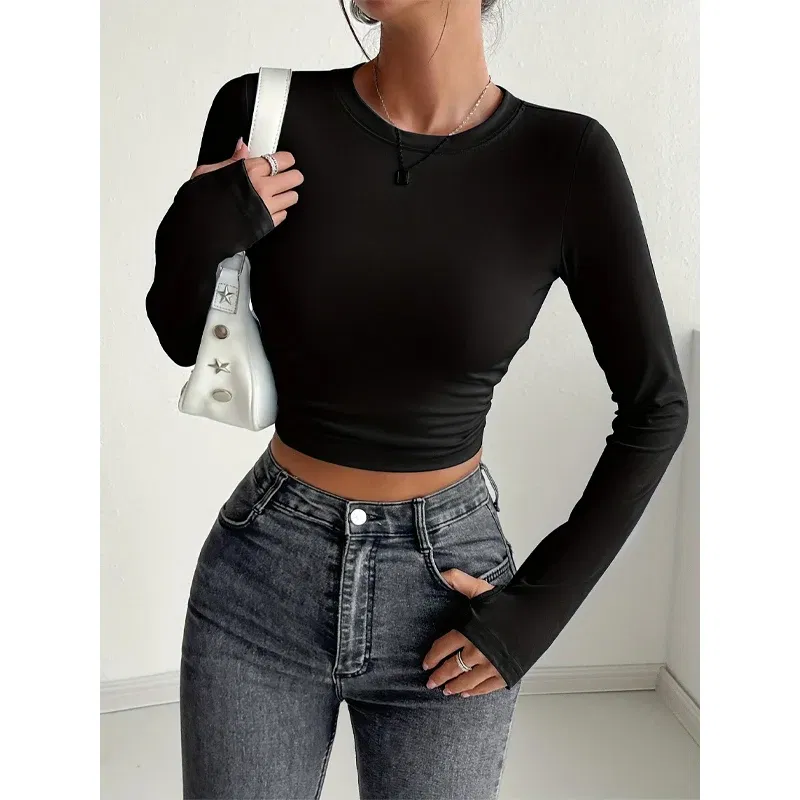 Color: Blue, Size: L - Autumn Winter Women's Long Sleeve T Shirt Slim Fit Tees Crop Tops Shirts Basic Tee Tops Workout Streetwear Y2K Fall Fashion 2025