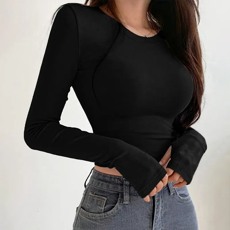 Color: Blue, Size: L - Autumn Winter Women's Long Sleeve T Shirt Slim Fit Tees Crop Tops Shirts Basic Tee Tops Workout Streetwear Y2K Fall Fashion 2025