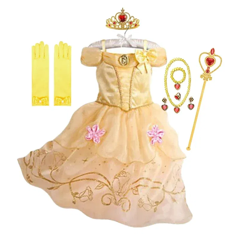 Kid Size: 9, Color: Khaki - Belle Princess Dress for Girls Cosplay Beauty and The Beast Snow White Costumes Kids Halloween Carnival Birthday Clothes