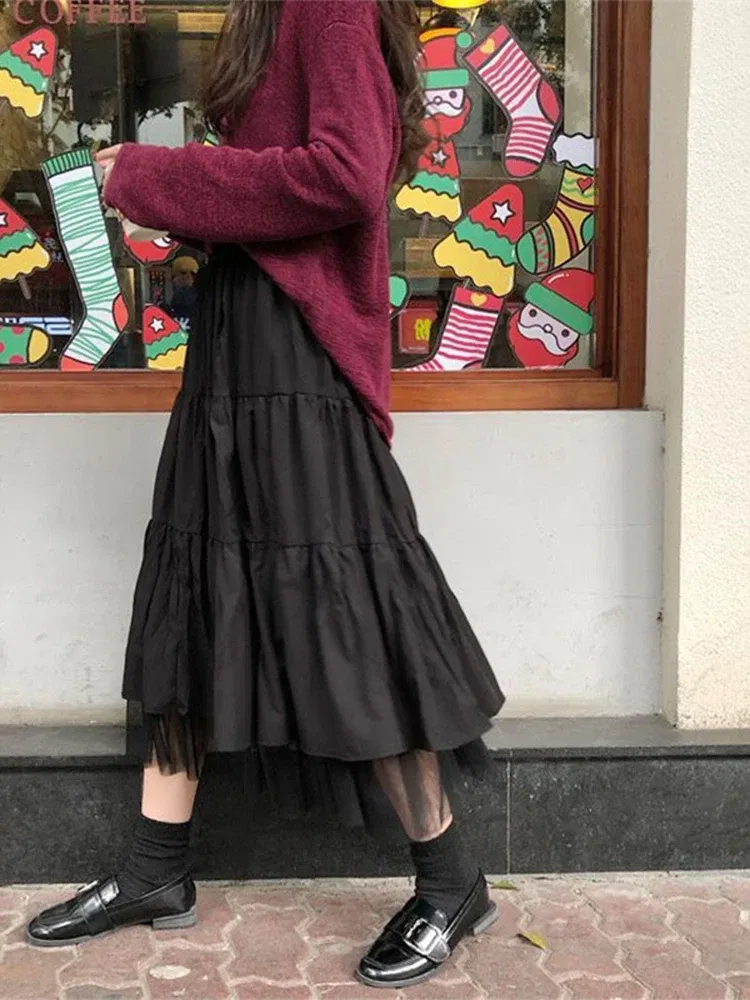 Color: WHITE, Size: S - Long Tulle Midi Skirts Womens  Autumn Elastic High Waist Mesh Tutu Pleated Skirts Female Black White Long Skirt Streetwear