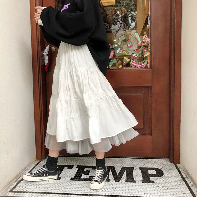 Color: WHITE, Size: S - Long Tulle Midi Skirts Womens  Autumn Elastic High Waist Mesh Tutu Pleated Skirts Female Black White Long Skirt Streetwear