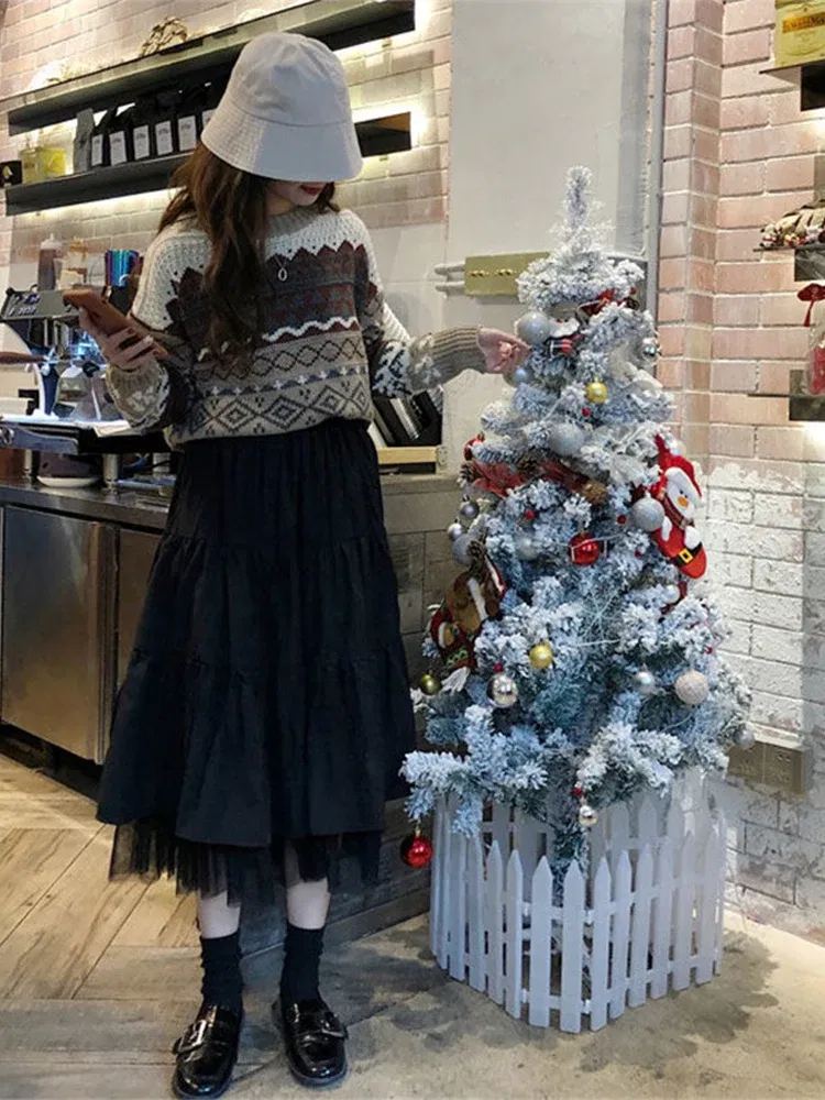 Color: WHITE, Size: S - Long Tulle Midi Skirts Womens  Autumn Elastic High Waist Mesh Tutu Pleated Skirts Female Black White Long Skirt Streetwear