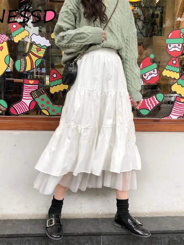 Color: WHITE, Size: S - Long Tulle Midi Skirts Womens  Autumn Elastic High Waist Mesh Tutu Pleated Skirts Female Black White Long Skirt Streetwear